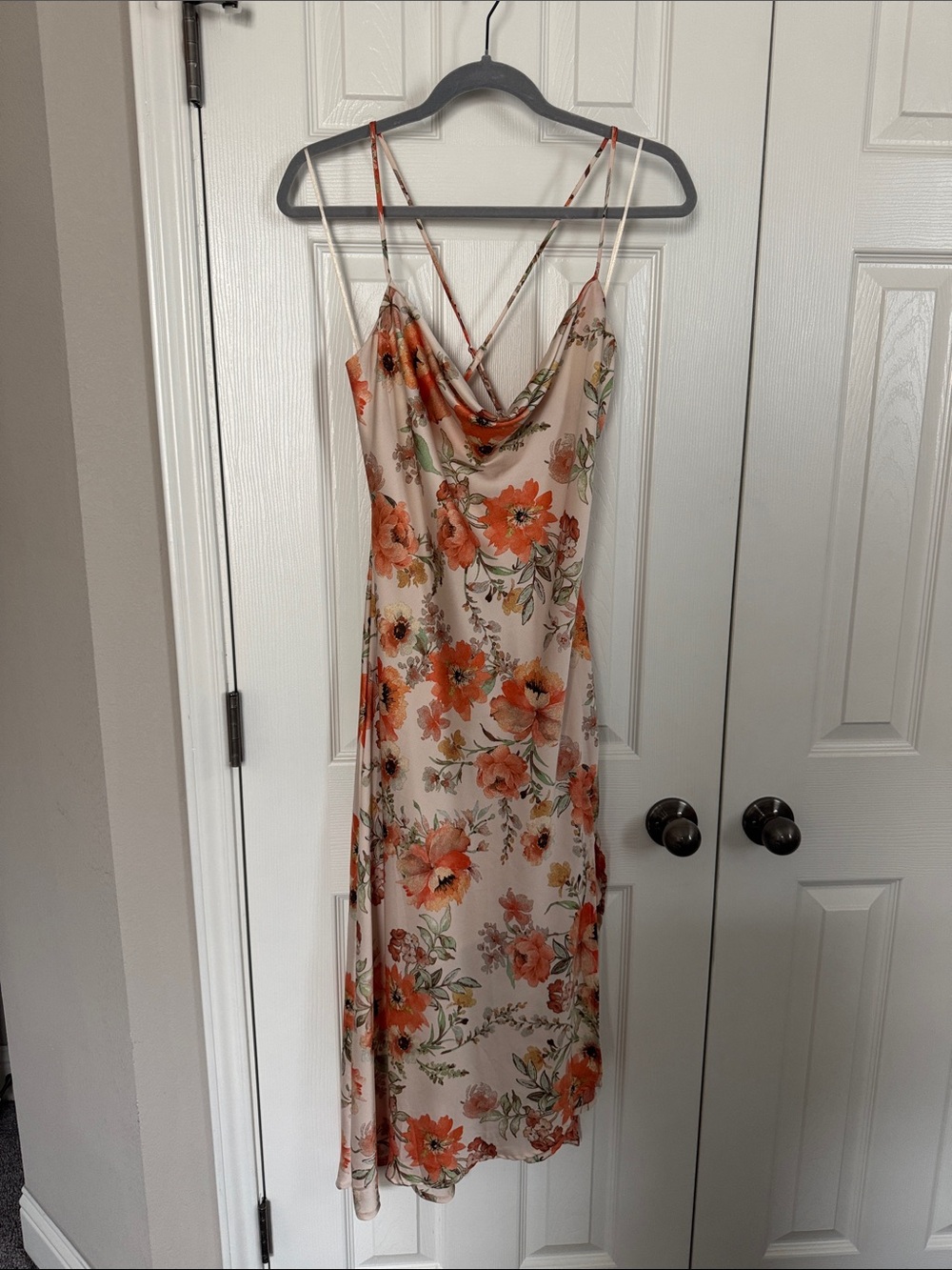Astr Floral Midi Slip Dress in Cream and Orange
